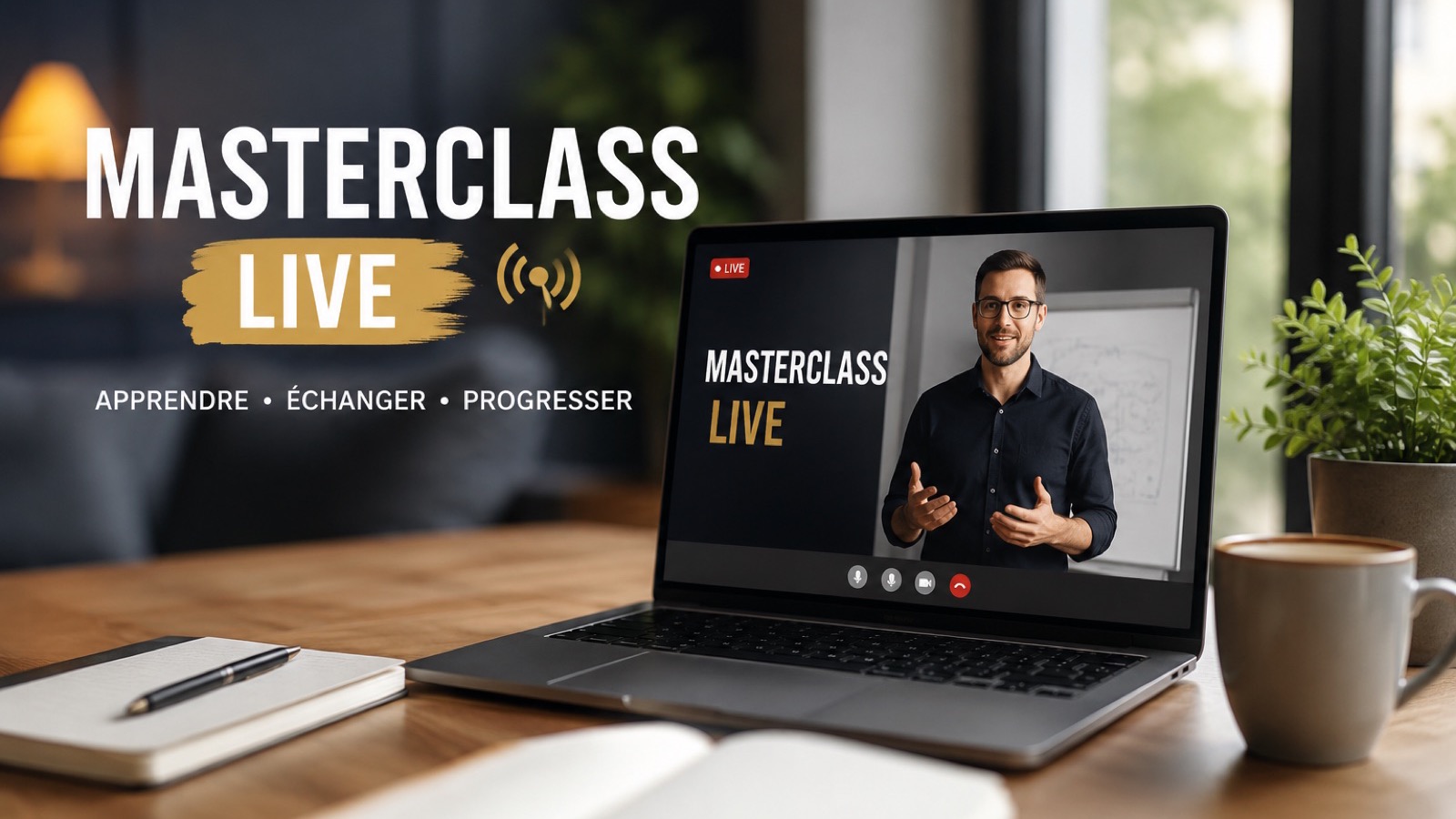 Un présentateur face à sa caméra pendant une masterclass de vente en ligne, avec un tableau de bord d'inscrits en arrière-plan